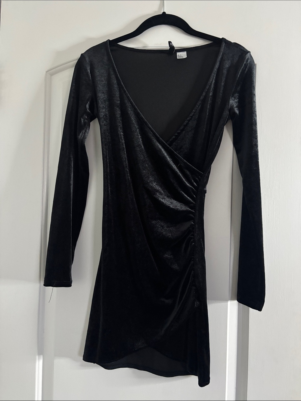 Long Sleeve Black Velvet Wrap-Front Dress